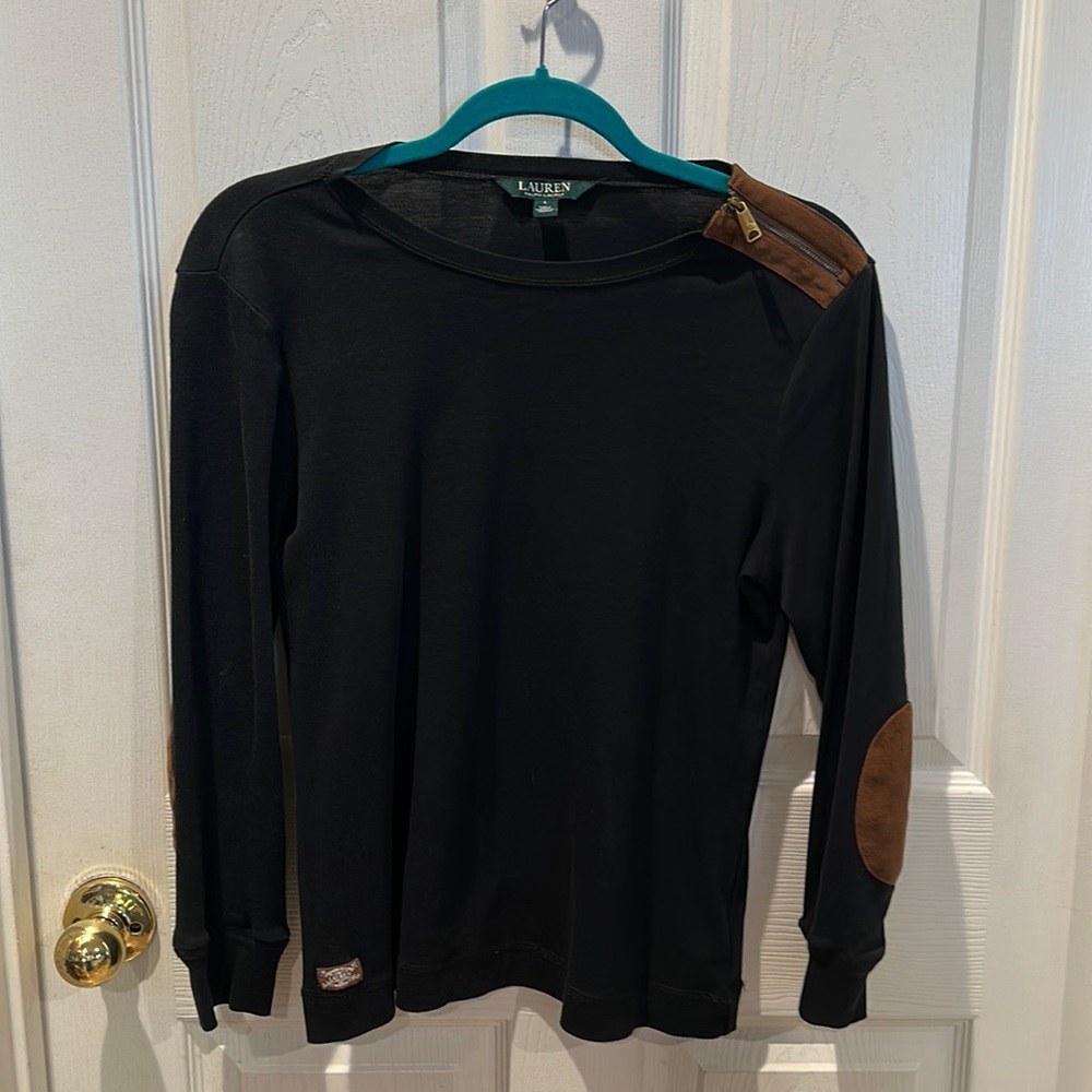Ralph Lauren Large Long Sleeve Tee Black W/ Faux Suede Elbow Patches